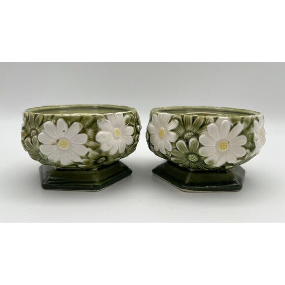 Vintage Green Ceramic 2.5” Candle Holders with White Daisies ~ JM Japan - Picture 1 of 7
